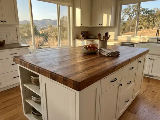 Large kitchen island with a thick hand-crafted butcher-block wood countertop